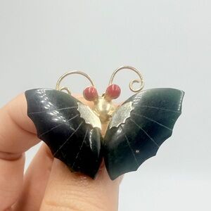 Vintage Asian Jade Butterfly Brooch/Pendant with Coral Eyes